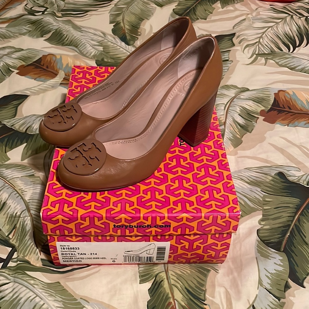 Tory Burch brown leather pumps 85 mm square high heels Royal Tan Mestico EUC